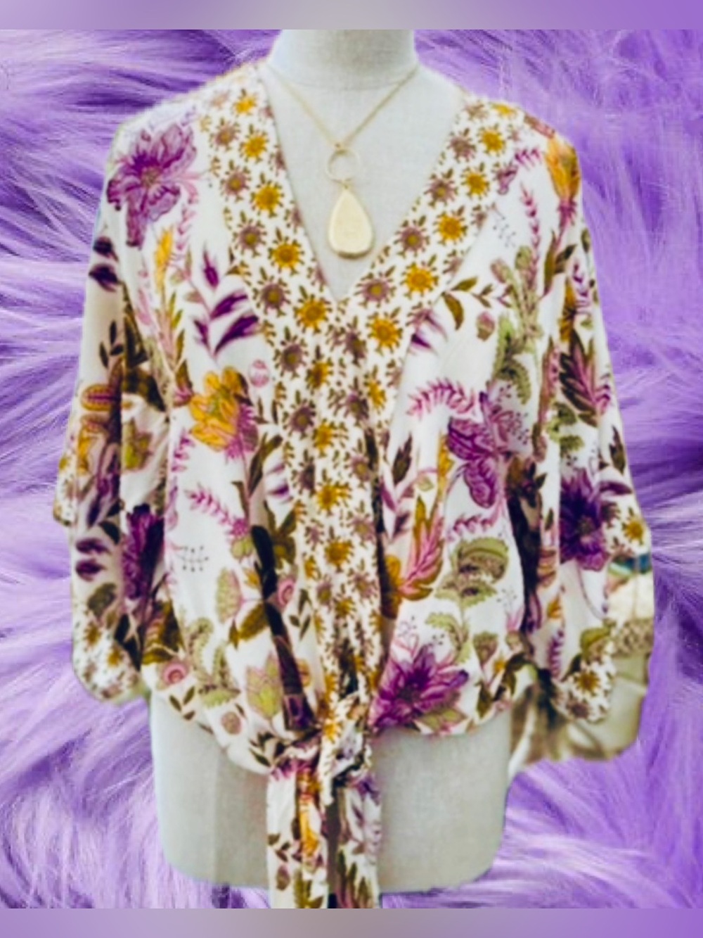 She & Sky Boho Tie-Front Starburst & Floral-Print Blouse